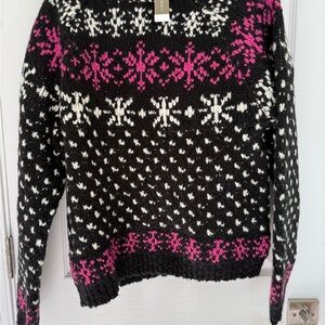 J. Crew Black and Pink Crew Neck Sweater with Nordic Design